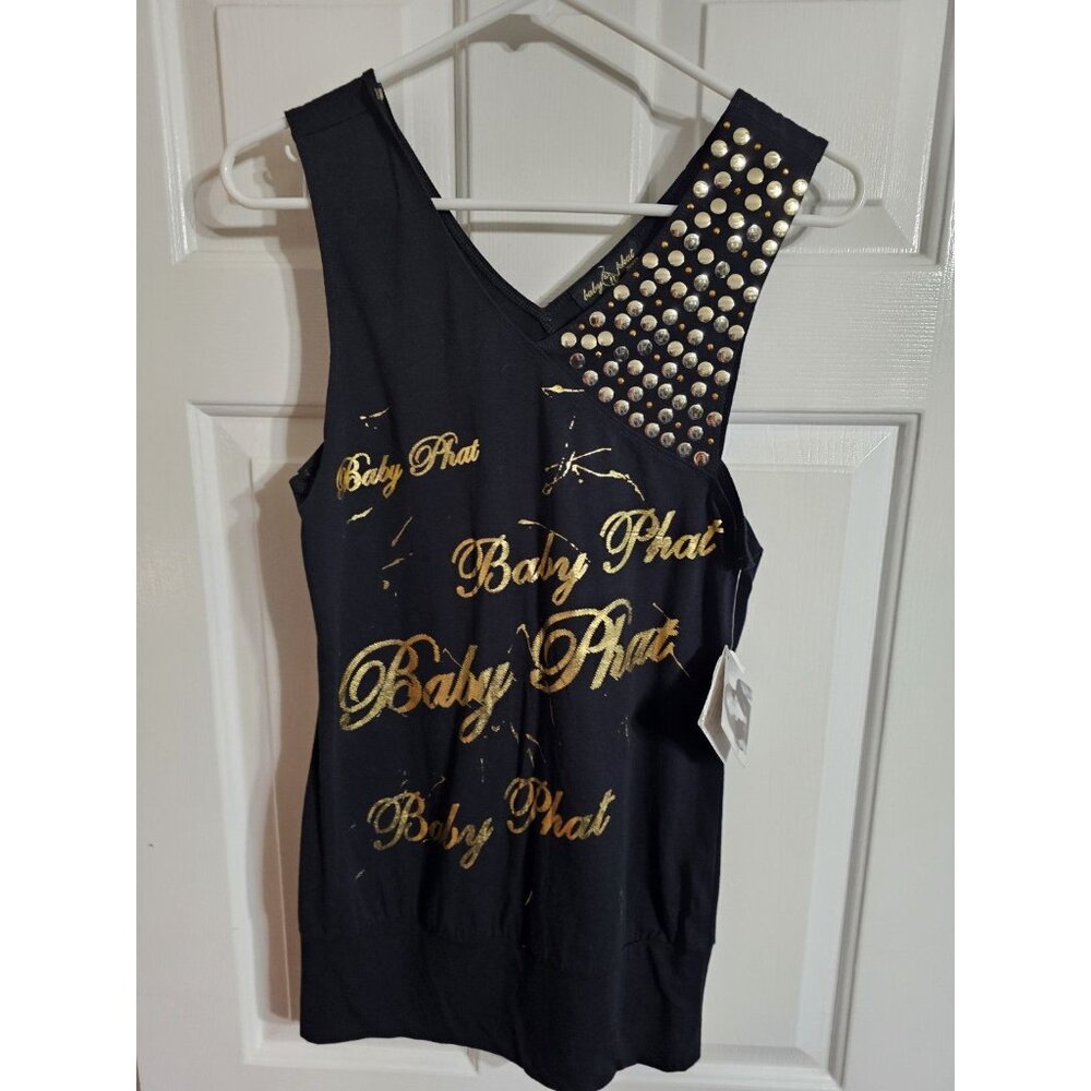Baby Phat Womens Large Black Gold Studded Tank Top Y2K Streetwear Clubwear NWT - Picture 2 of 7